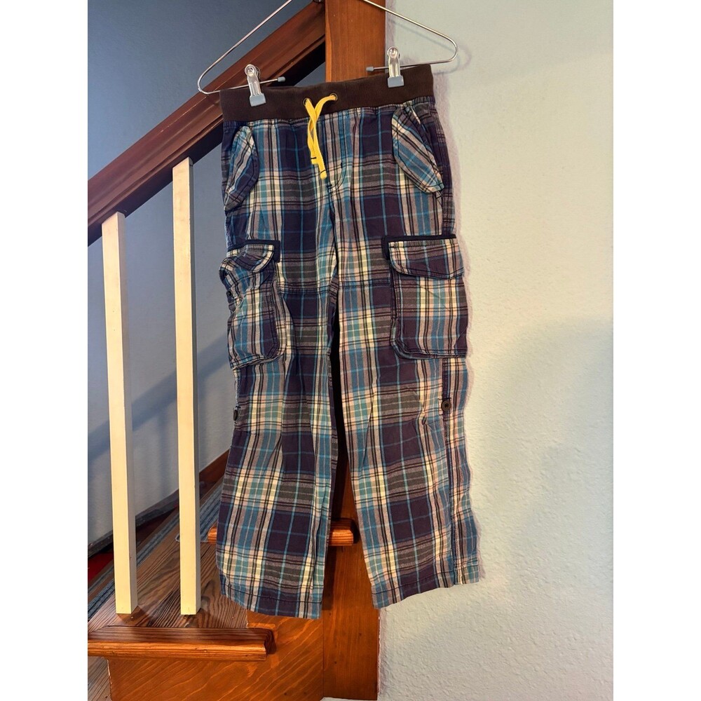 Mini Boden blue brown adjustable Y2K plaid cotton pants cargo pockets 9 grunge
